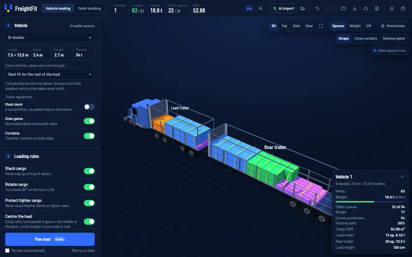 The planner showing a B-double loaded with pallets in 3D, with pallet spaces and payload at the top